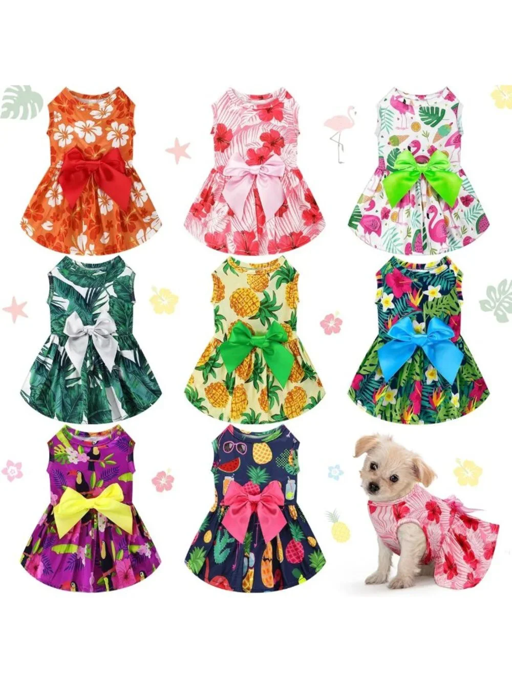 Summer Hawaii Dog Dresses - 8 Pcs Floral Flamingo Skirts for Girls & Cats, Beach
